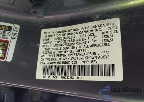2013 Honda Cr-V Ex-L from USA, damaged, VIN 2HKRM3H73DH501259